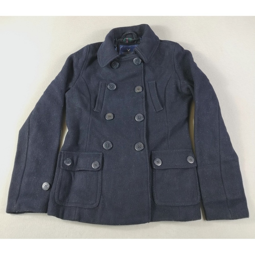 American Eagle Outfitters Coat Womens Medium‎ Black Wool Peacoat Classic Plaid